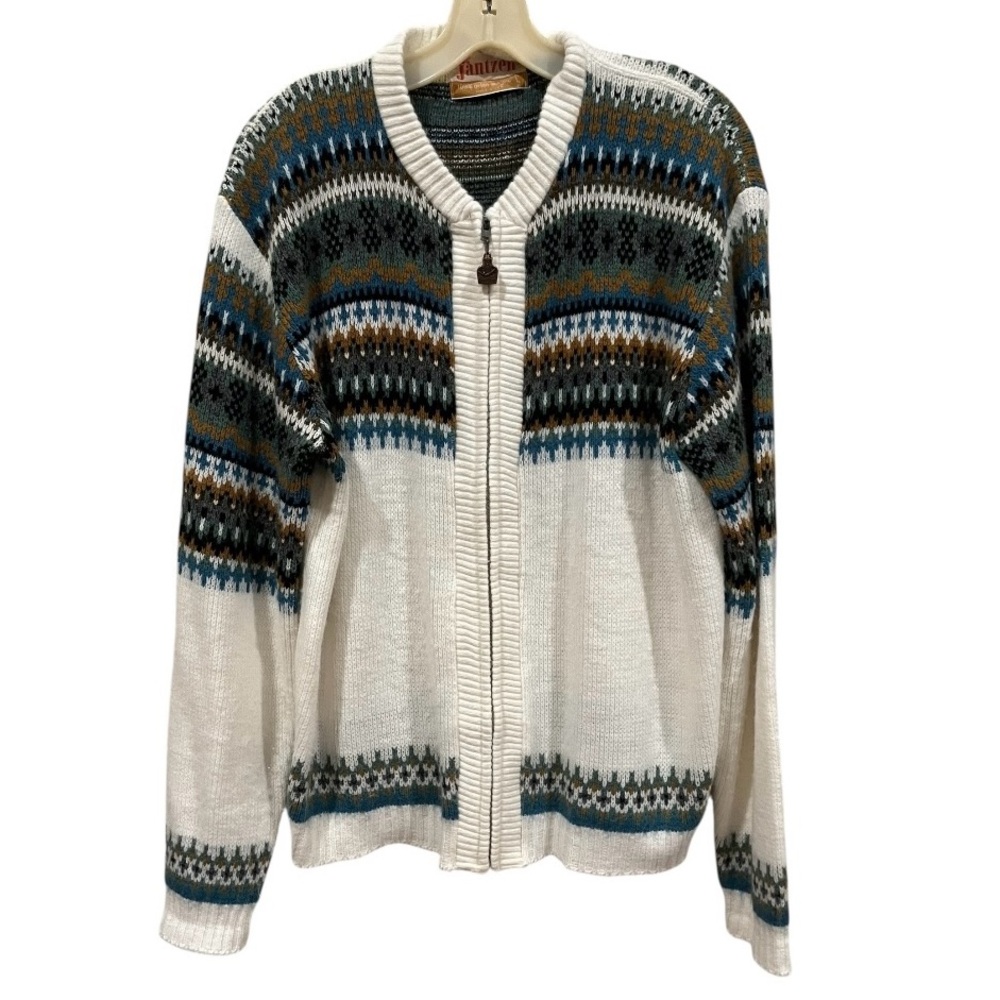Jantzen vintage fair isle Striped knit blue green full zip cardigan size large